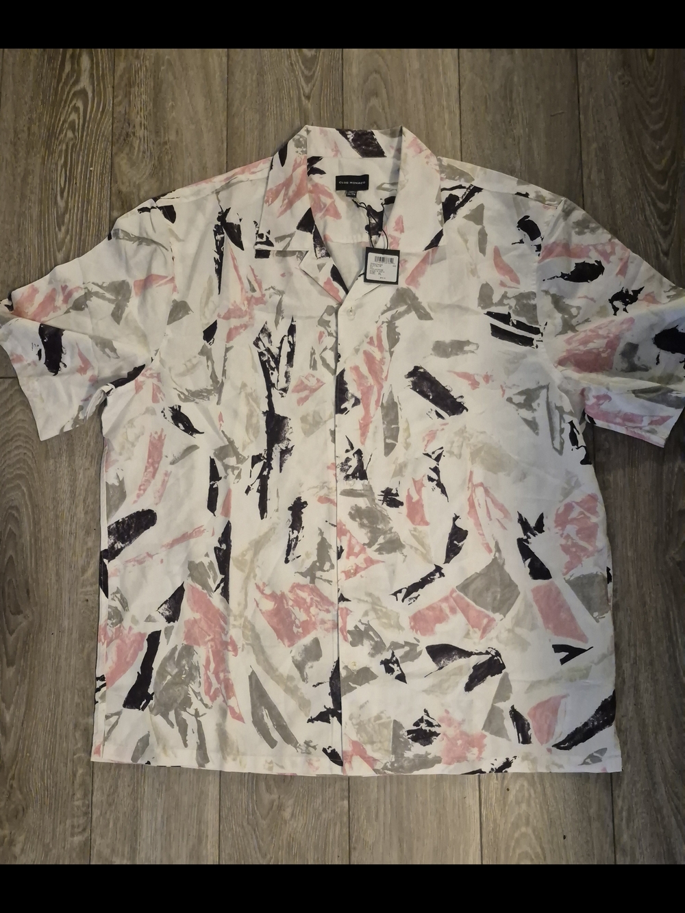 Club Monaco Men's Short Sleeve Camp Collar Block Print Shirt in "Cannoli Cream